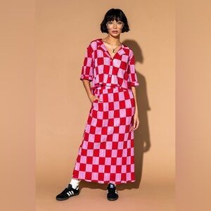 Dressed in Lala Red and Pink Checkered Plisse 2pc. Skirt Set